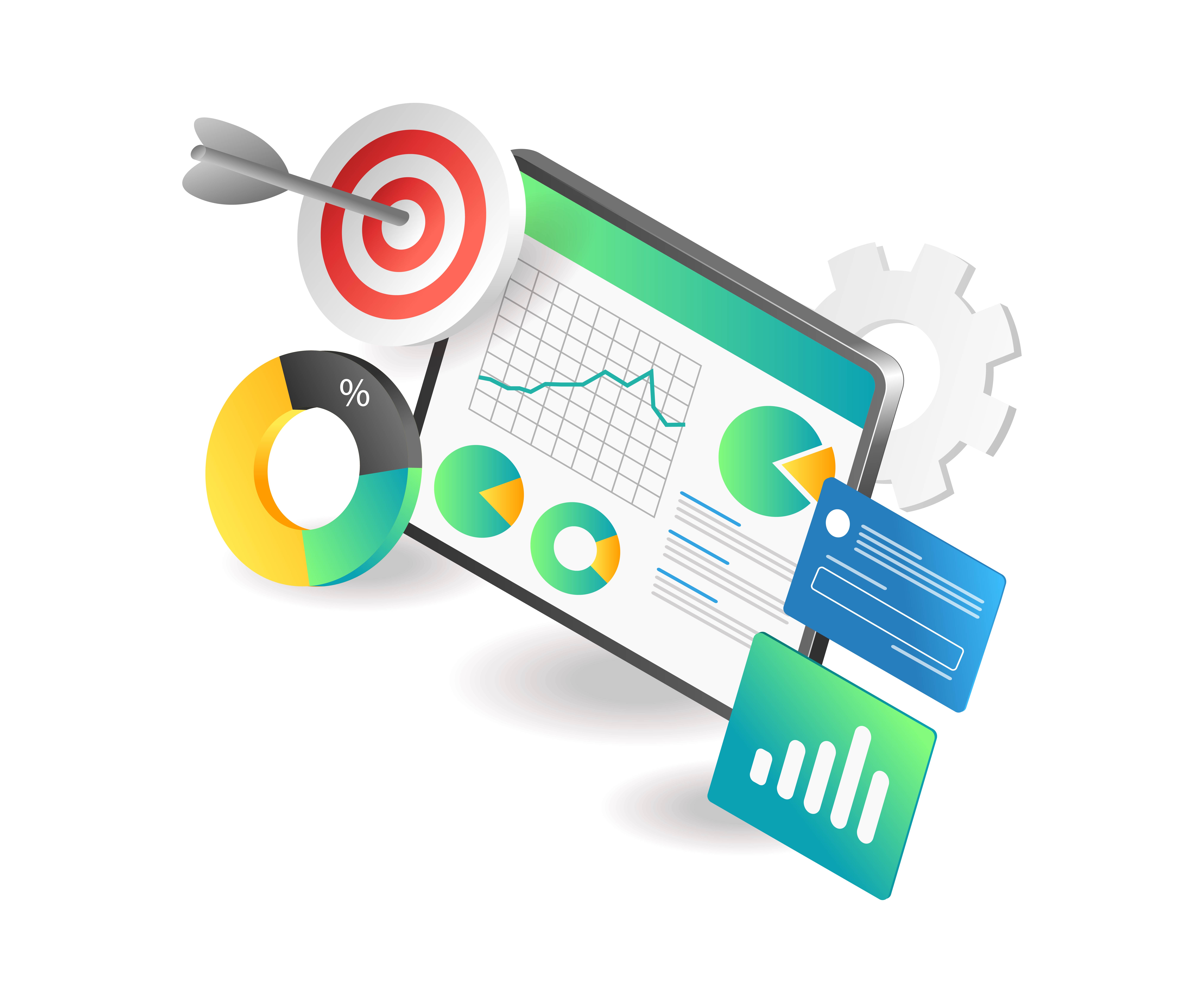 Web analytics metrics and KPIs target illustration with charts and data